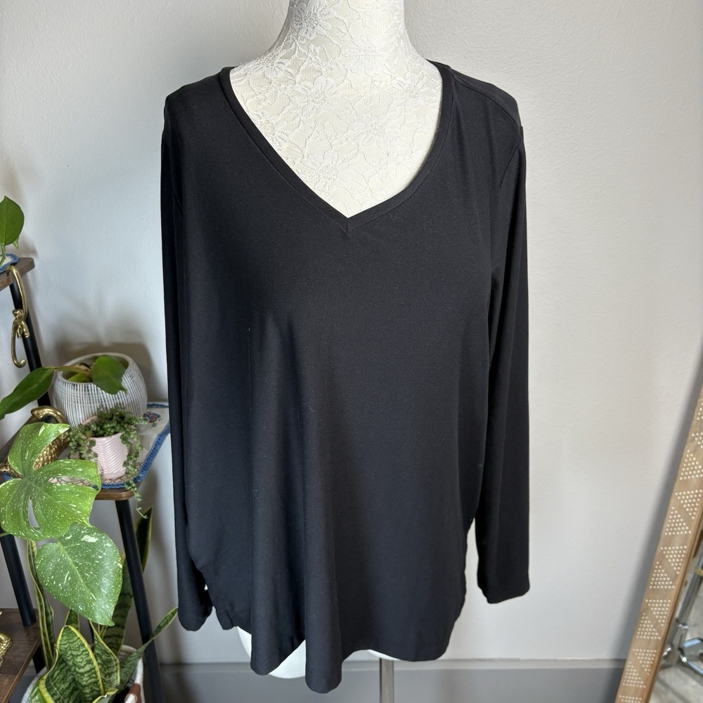 Lands End Women 1X 1W/18W Black Top Shirt UPF50+ V-Neck Long Sleeve